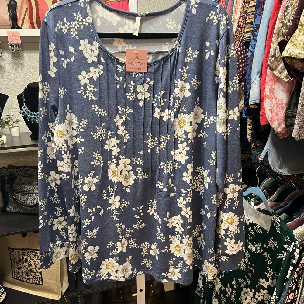 Dusty Blue Floral Knit Top with Pin Tuck Pleating - Picture 2 of 6